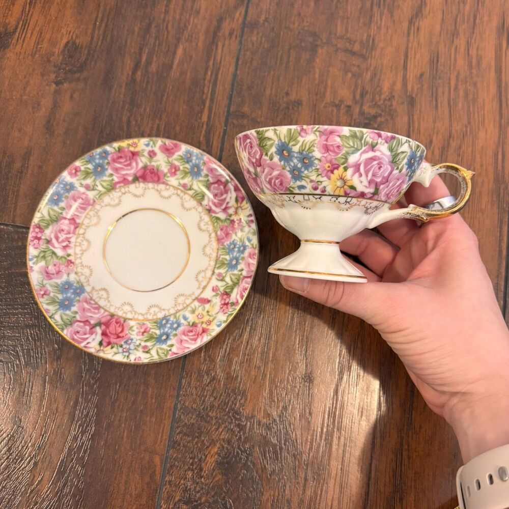 Pink and Purple Floral Made in Japan Bone China Made in Japan Teacup and Saucer